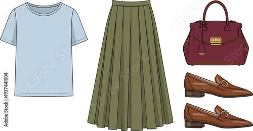 Minimalist women fashion apparel vector set featuring light blue t-shirt olive green pleated maxi skirt maroon leather handbag and brown loafers shoes.