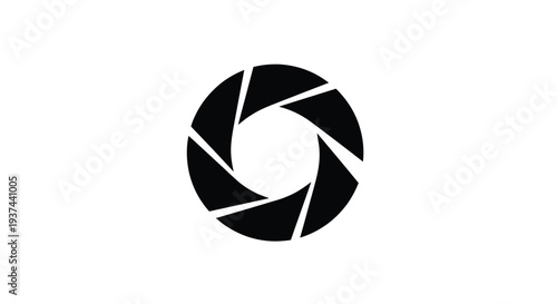 A black aperture shape resembling a camera diaphragm is displayed