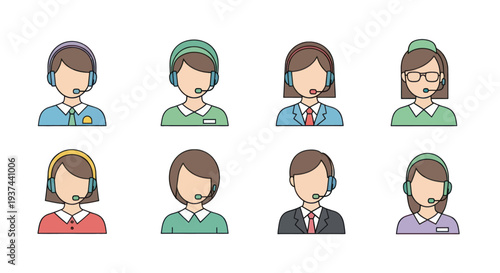 Customer service and call center team icons with headsets in professional attire, perfect for business and communication concept design
