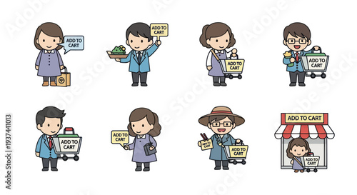 Cute cartoon characters holding 'Add to Cart' signs and shopping carts, ecommerce and online shopping concept illustrations for marketing and web use
