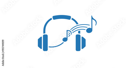 Blue headphones icon with musical notes representing audio and music