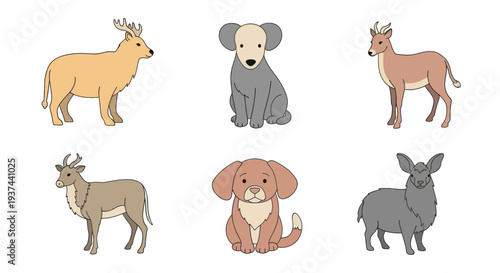 Cute cartoon animals including deer, antelope, goats, and puppies in simple illustration style perfect for children?s books and educational materials