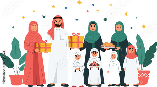 Vector illustration of a large happy Muslim family celebrating with gifts and traditional food wearing hijabs and thobe during Eid or Ramadan.