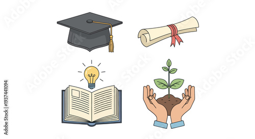 Education and learning concept icons with graduation cap, diploma, open book with light bulb, and hands holding a growing plant for knowledge growth