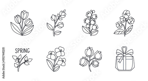 Hand-drawn spring floral icons set with gift box illustration, ideal for seasonal design and spring decoration projects