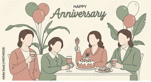 Happy anniversary celebration with friends holding drinks, cake, balloons, and plants in a cozy setting, perfect for party or event design