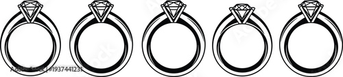 PrintDiamond Engagement Ring Icon Set with Elegant Jewelry Outline Symbols for Wedding, Proposal and Luxury Accessory Design