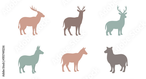 Minimalist colorful animal silhouettes featuring deer, donkey, and dog in soft tones for modern graphic design and decoration