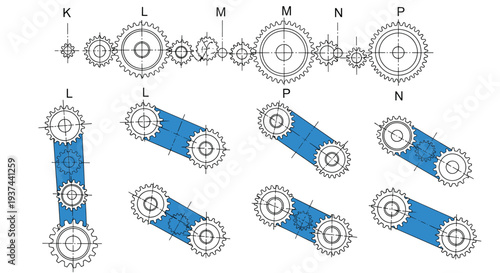 Mechanical Gear Train Diagram Showing Different Gear Arrangements and Power Transmission Systems for Engineering, Machinery Design, and Technical Education