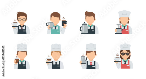 Set of barista and chef icons holding coffee cups, pots, and grinders with steaming hot drinks, perfect for food service and cafe design projects