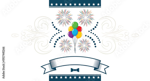 Vector festive banner with fireworks and ribbon