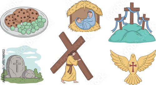 Christian Religious Illustration Set Featuring Nativity Scene, Jesus Carrying Cross, Empty Tomb, Dove, Communion Bread and Fish, and Crucifixion Symbols