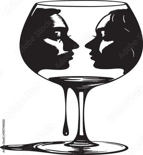 Wine glass with silhouettes of a man and woman facing each other in love and relationship concept on beige background