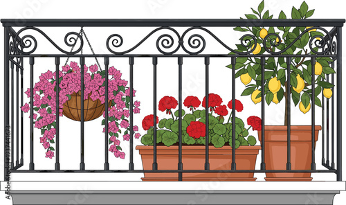 Wrought Iron Balcony Railing with Potted Lemon Tree Red Geraniums and Pink Hanging Flowers Garden Vector Illustration Isolated on White Background for Exterior Design