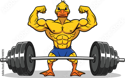Funny muscular bodybuilder duck mascot character flexing biceps with heavy barbell and weights isolated on white background for gym fitness and weightlifting sports design