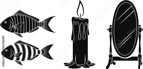 Black silhouette icons set featuring striped fish lit melting candle and vintage oval floor mirror isolated on white background for decorative graphic vector design