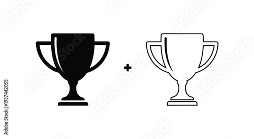 Set of 2 Black and White Trophy Icons Vector: Solid Fill and Outline Style for Achievement, Award, Winner, or Success Concepts