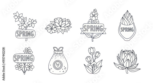 Hand-drawn spring floral vector illustrations with flowers and leaves outlines perfect for seasonal designs and coloring projects