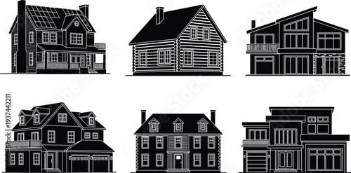 Black house silhouettes set including modern villa suburban cottage log cabin and residential building icons isolated on white background for real estate vector design