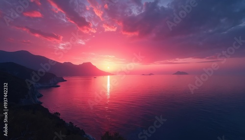 Purple and pink sunset over calm ocean and rocky coastline. Sun reflects on sea water. Islands visible on horizon. Dramatic sky with clouds.
