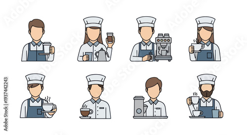 Set of barista characters with coffee cups and espresso machines in uniform, perfect for coffee shop, cafe, and beverage-related design projects