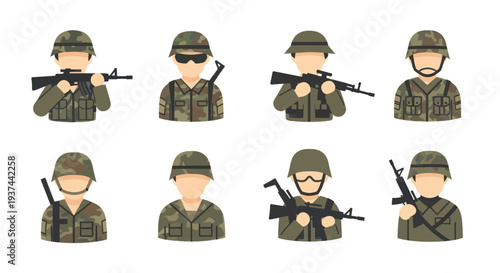 Set of cartoon soldier avatars in camo uniform and helmet holding rifles, military army icons perfect for war, defense, and soldier themed projects