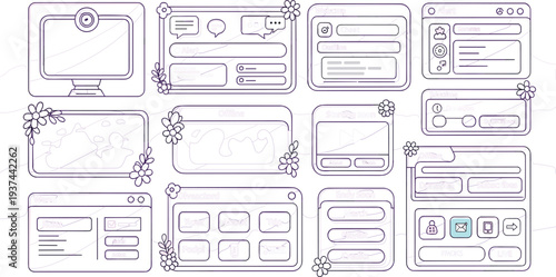 Floral Web UI Wireframe Set with User Interface Elements, App Screens, Dashboard Layouts, and Website Design Templates for Modern Digital Projects