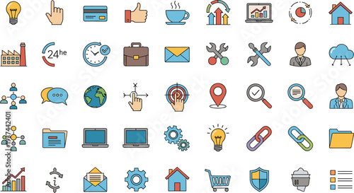 Business and Technology Flat Icon Set Featuring Analytics, Communication, Target, Email, Cloud, Security, E Commerce, Workflow, and Digital Marketing Symbols