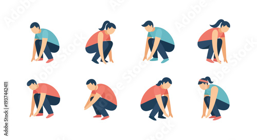 Set of flat design people squatting in various poses, casual clothing, male and female characters, modern vector illustration for fitness or exercise concept