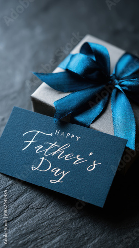 Elegant Father's Day gift box with blue ribbon and greeting card on dark slate