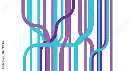 Abstract composition of flowing blue and purple lines on white