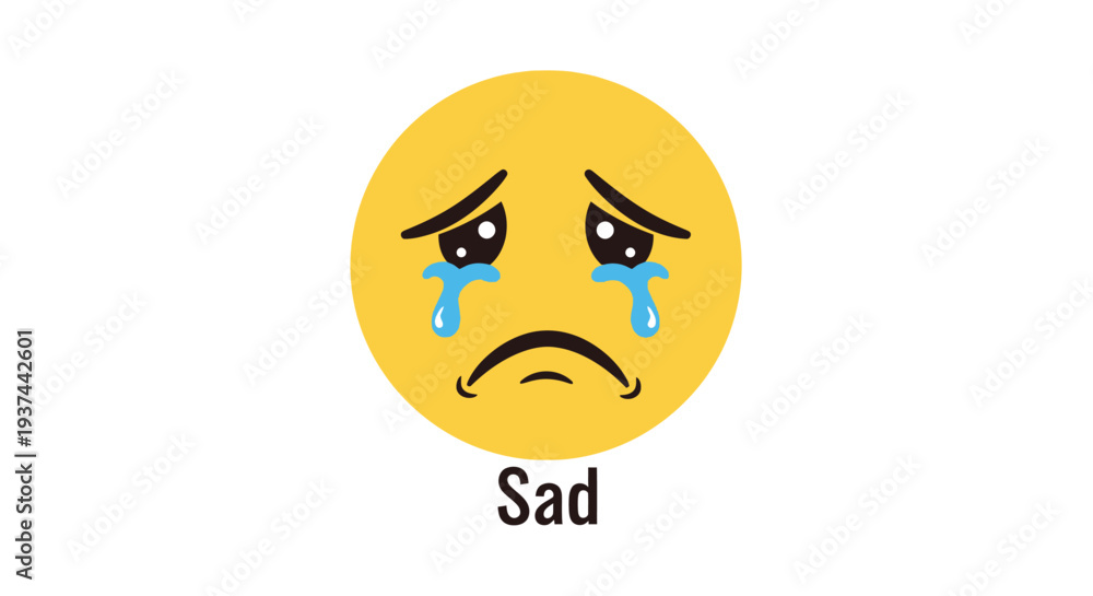 Fototapeta premium A yellow emoji displays a sad expression with tearful downturned features