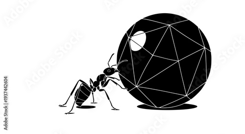 A determined ant with all its might is pushing a large, intricately faceted geometric sphere uphill against the current of adversity. Symbolic of perseverance and hard work