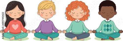 Diverse Children Meditating in Lotus Pose Practicing Mindfulness and Yoga for Mental Health, Relaxation, and Calm Classroom Wellness Activity Illustration