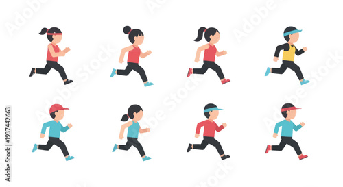 Flat design running children in colorful sportswear and caps, jogging and sprinting characters in motion for fitness, health, and active lifestyle projects