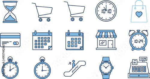 Shopping and Time Management Line Icon Set Featuring Cart, Calendar, Credit Card, Storefront, Alarm Clock, Stopwatch, Wristwatch, and Cash Register Symbols