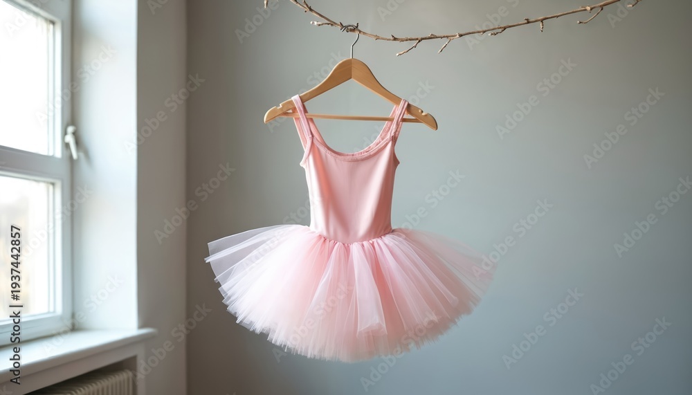 Fototapeta premium Pink ballet tutu hangs on wooden hanger. Child dancer wear for ballet class. Girl dreams become prima ballerina. Fairytale dress waits for performance. Stage costume prepared for dance.