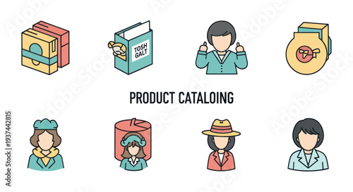 Product cataloging icons set with people and packaging symbols for organized inventory and retail management applications