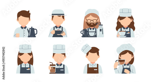 Set of baristas and coffee makers with different cups and brewing equipment icons, perfect for cafe and coffee shop design projects