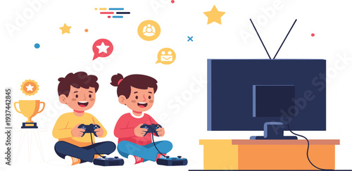 Kids Playing Video Games at Home Illustration with Game Controllers TV Screen and Trophy for Gaming Entertainment Childhood and Leisure Design