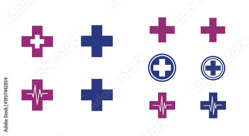 Collection of medical cross symbols in varying shades of purple and blue