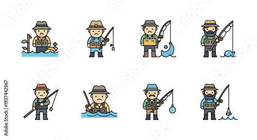 Set of cartoon fishermans with fishing rods and fish catch illustrations, diverse characters in fishing gear, perfect for outdoor and hobby themed projects