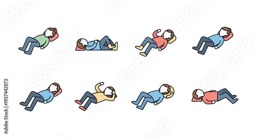 Set of cartoon people lying down in various relaxing and resting poses with different colored clothes and pillows, vector illustration for relaxation or rest concepts