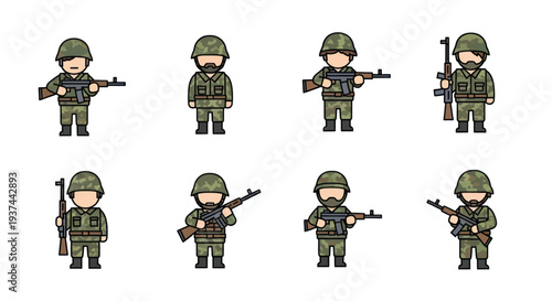 Set of cartoon soldiers in camouflage uniforms and helmets holding rifles, military army clipart icons for defense and security designs