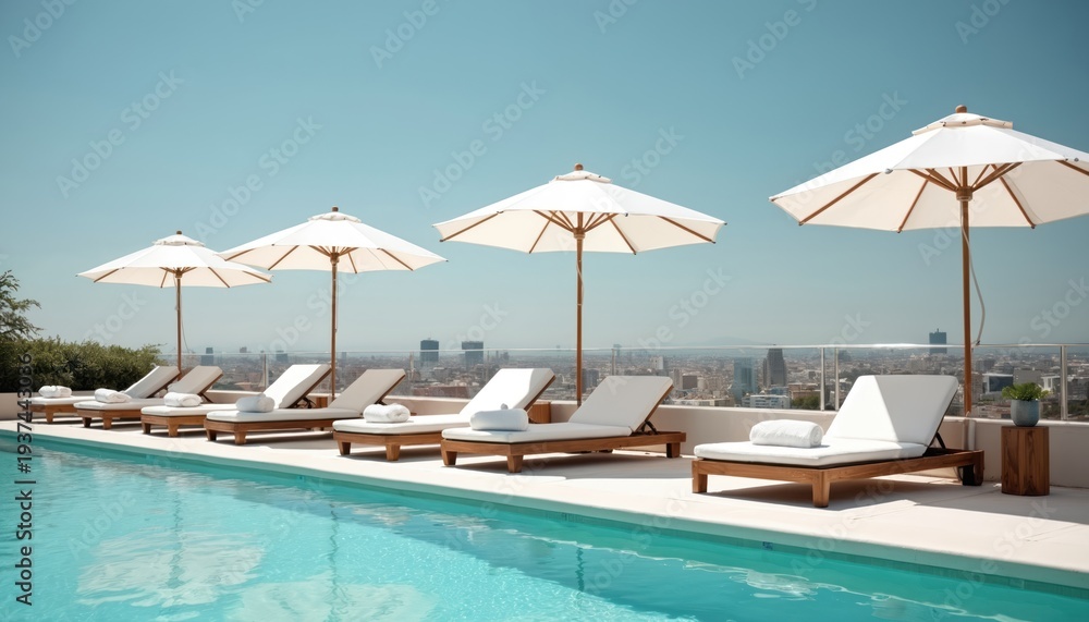 Obraz premium Rooftop pool area with lounge chairs and umbrellas offers city views. Clean turquoise water invites relaxation. Sunny day creates resort ambiance.