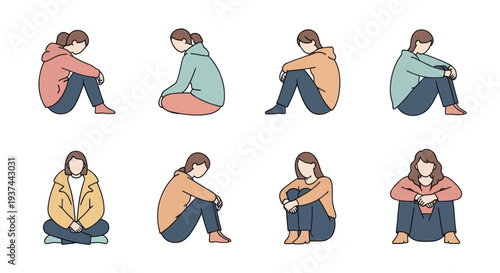Set of eight illustrations of sad or pensive young women sitting alone in various poses on white background, mental health and emotional concepts