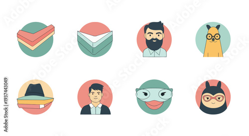 Set of eight unique avatar icons including bearded man, man with dark hair, funny animal characters with glasses and superhero masks, simple flat design