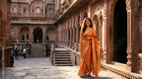 Beautiful Young Indian Woman in Orange Sari Standing in Ancient Courtyard.