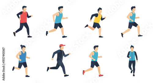 Set of flat design running and jogging young men in sportswear in different postures, fitness and training concept illustrations