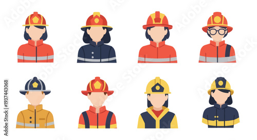 Set of female and male firefighter avatars in different uniforms fireman icons for emergency safety and protection designs